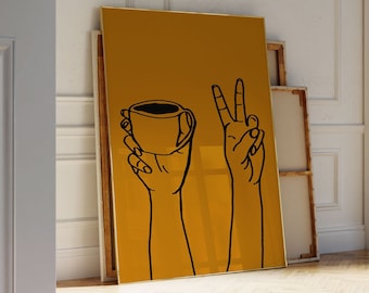Può includere: Un poster giallo senape con un disegno a linea nera di due mani. Una mano tiene una tazza di caffè e l'altra mano fa il segno della pace.