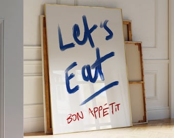 Cartel de Bon Appetit, impresión tipográfica de mediados de siglo, cartel de citas francesas, arte de la pared azul, arte de la pared de la cocina, impresión de cocina maximalista, IMPRIMIBLE