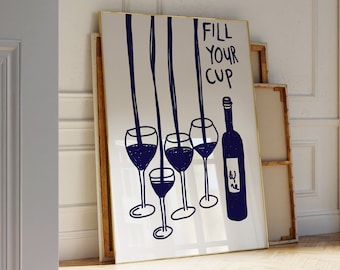 Stampa da cucina con vino blu navy, poster di bevande vintage, arte alla moda per carrelli da bar, arte retrò per bevande, arte di metà secolo, poster da cucina, arte murale STAMPABILE
