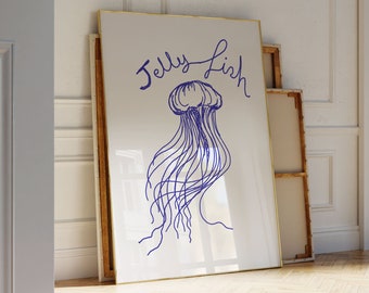 Jellyfish Artwork, Blue jellyfish Beach House Decor, Sea Creature Decor Ocean Art Jellyfish Painting, Marine Picture Gallery Idea PRINTABLE