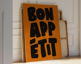 Cartel de Bon Appetit, cartel de cita francesa, impresión tipográfica de mediados de siglo, arte de pared de cocina naranja, impresión de cocina maximalista, foodie PRINTABLE