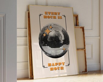 Happy Hour Bar Cart Sign, Disco Art Print, Retro Funky Wall Art, Aesthetic Room Decor, Bar Decor, Orange Vintage Poster,  INSTANT DOWNLOAD