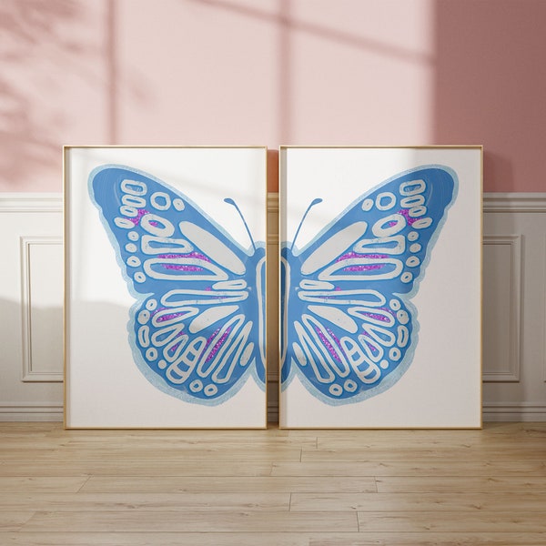 Blue Split Butterfly Wall Art, Girly Print, Artwork for Tween, Preppy y2k Decor, Boho Art, Girl Nursery Decor, Apartment Art, PRINTABLE