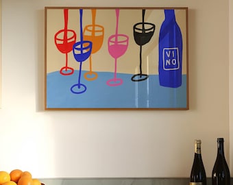 Fill Your Cup, Colorful Hand Drawn Print, Mid Century Bar Cart Art, Wine Print, Kitchen Print, Maximalist Kitchen Poster, Trendy PRINTABLE