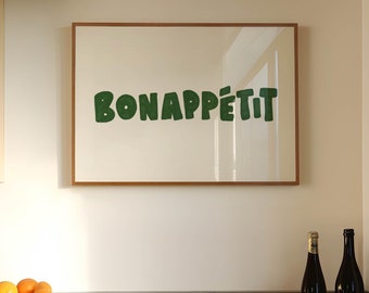 Póster Bon Appetit, impresión tipográfica de mediados de siglo, póster con cita francesa, arte de pared de cocina verde oscuro, arte estético, cocina IMPRIMIBLE