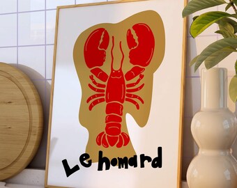 Impresión de langosta roja, cartel francés Le homard, cartel de mariscos, arte culinario, impresión de mediados de siglo, arte de la pared de la cocina, impresión de comida retro, IMPRIMIBLE