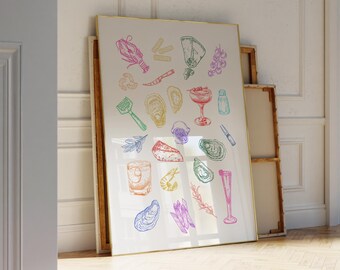 Kitchen Ingredient Digital Print, Kitchen Art, Food Art Print, Culinary Art, Pasta, Italian Art, Cocktail, Bar Print, Housewarming Gift