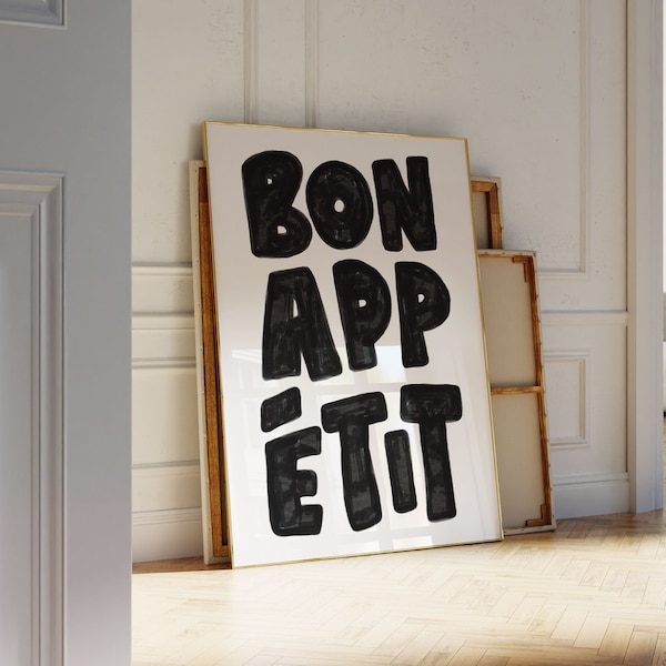 Bon Appetit Poster, Mid Century Typography Print, French Quote Poster, Black and White Kitchen Wall Art, Maximalist Kitchen Print, PRINTABLE