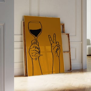 Hand getekende keuken print, Mid Century Modern, vredesteken symbool, Bar Cart Art, wijn print, oranje keuken poster, nieuw huis aanwezig PRINTBAAR