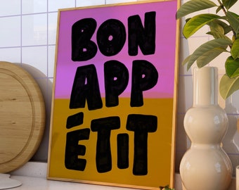 Bon Appetit Poster, Mid Century Typography Print, French Quote Poster ...