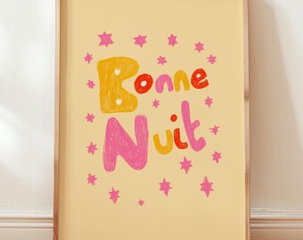 Bonne Nuit Bedroom Wall Art - Gender Neutral Nursery Decor, Trendy French Pencil Art, Cute Quote, Good Night Print, Kids Bedroom PRINTABLE