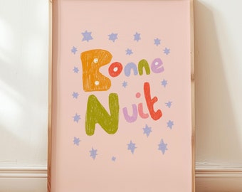 Impression Bonne Nuit, décoration de chambre d'enfant sans distinction de sexe, art mural Français, art mural pour chambre à coucher, art au crayon, nouveau vintage Français, Coquette IMPRIMABLE