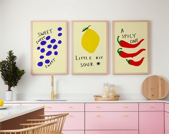 Conjunto de arte de pared de 3, impresión de cocina, póster de chile, impresión de limón, póster de comida, paquete de pared de galería de conjuntos de impresión, arte de pared de 3 piezas DESCARGA INSTANTÁNEA