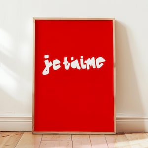 I Love You in French Poster, Je T&#39;aime Print, Mid Century Typography Print, French Quote Poster, Gift for her, red Wall Art PRINTABLE ART