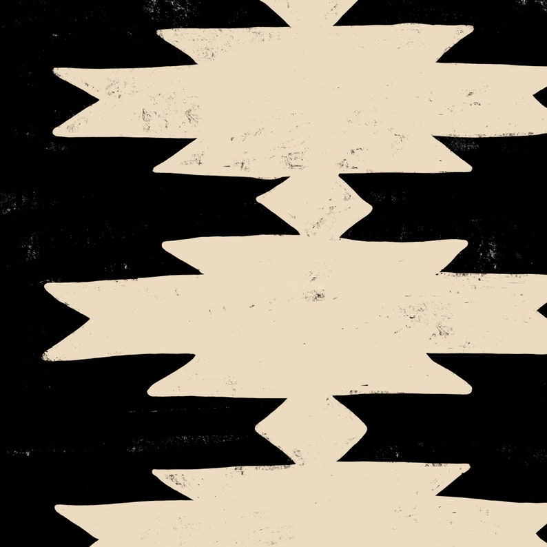 May include: Abstract geometric pattern in black and beige. The pattern is made up of repeating shapes that resemble a zig-zag or chevron design.