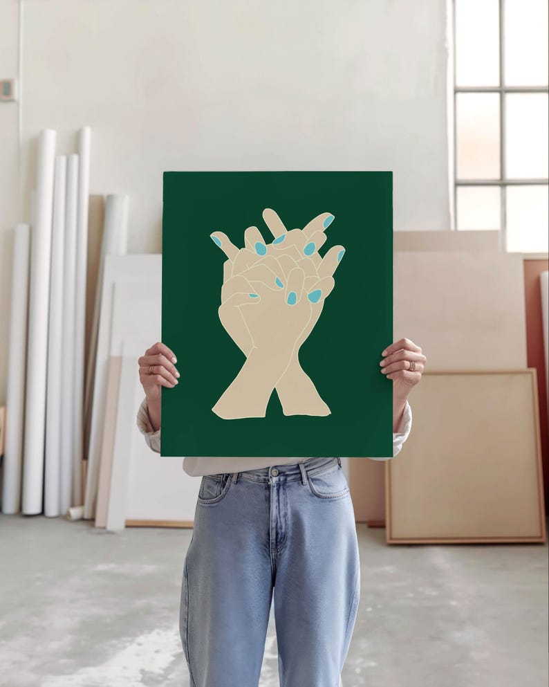 May include: A green poster featuring a minimalist illustration of two hands clasped together. The hands are beige with light blue nail polish.