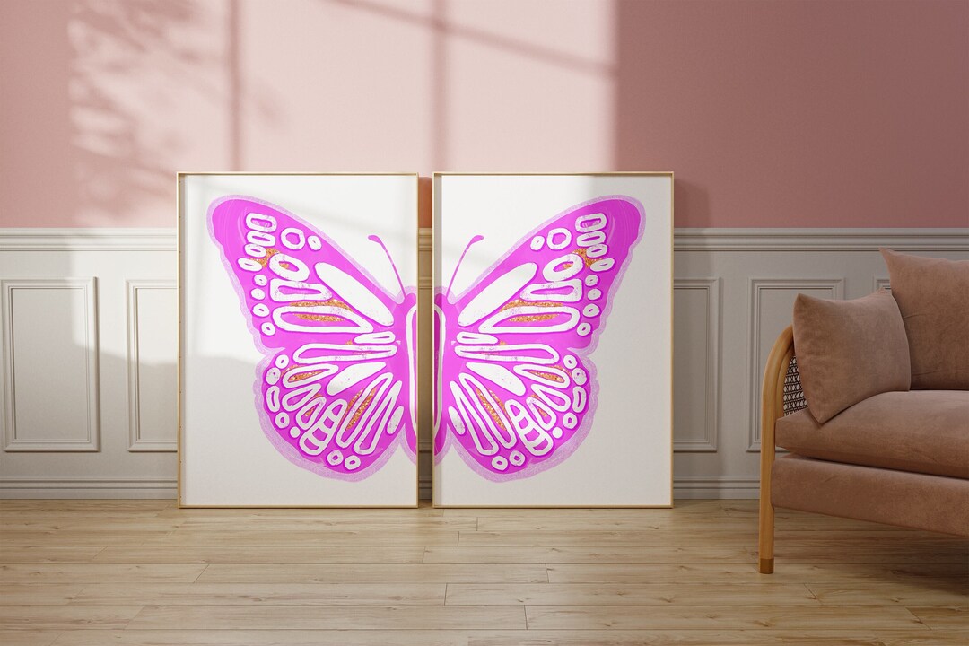 Hot Pink Split Butterfly Wall Art Set, Girly Art Print, Preppy Y2k Room