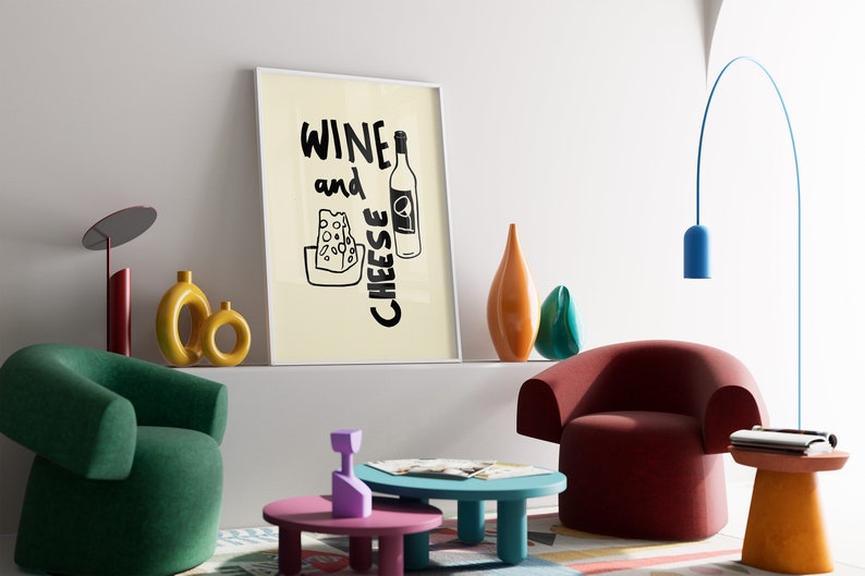 Freestyle hand drawn minimalist poster. Off white background, the words Wine and Cheese written in Black. Simple black marker sketch of a piece of cheese to the left and a bottle of wine to the left. Mid century modern style.