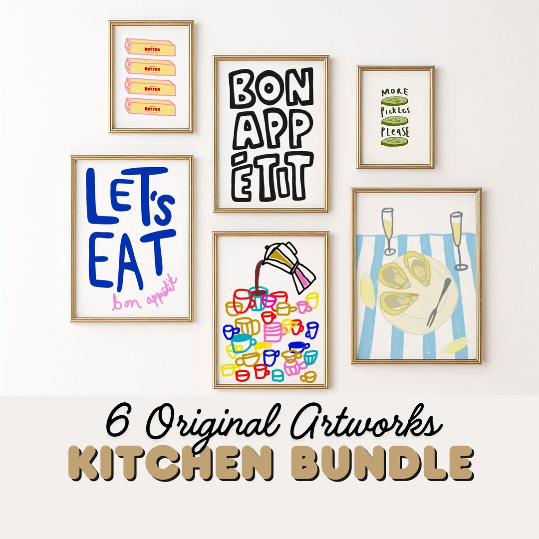 kitchen gallery wall set of 600, kitchen wall art,... Kitchen Gallery Wall Set 6, Original Art, Bon Appetit, Modern Kitchen ...
