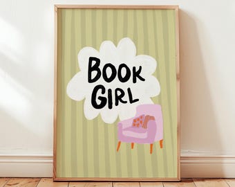 Book Girl Print, Bookcase Decor Book, Book Lover Art, Bookish Trendy Decor, Book Club, Book Club Print Smart Girl Reading Gift PRINTABLE