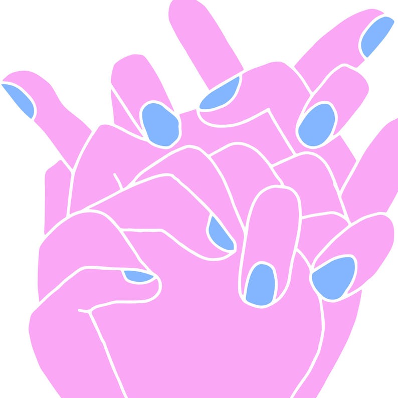 May include: Two hands with pink skin and light blue nail polish intertwined together.