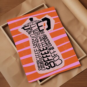 May include: An orange and pink striped background with a pink silhouette of a coffee pot. The silhouette is made up of the word "coffee" repeated in different fonts and sizes.