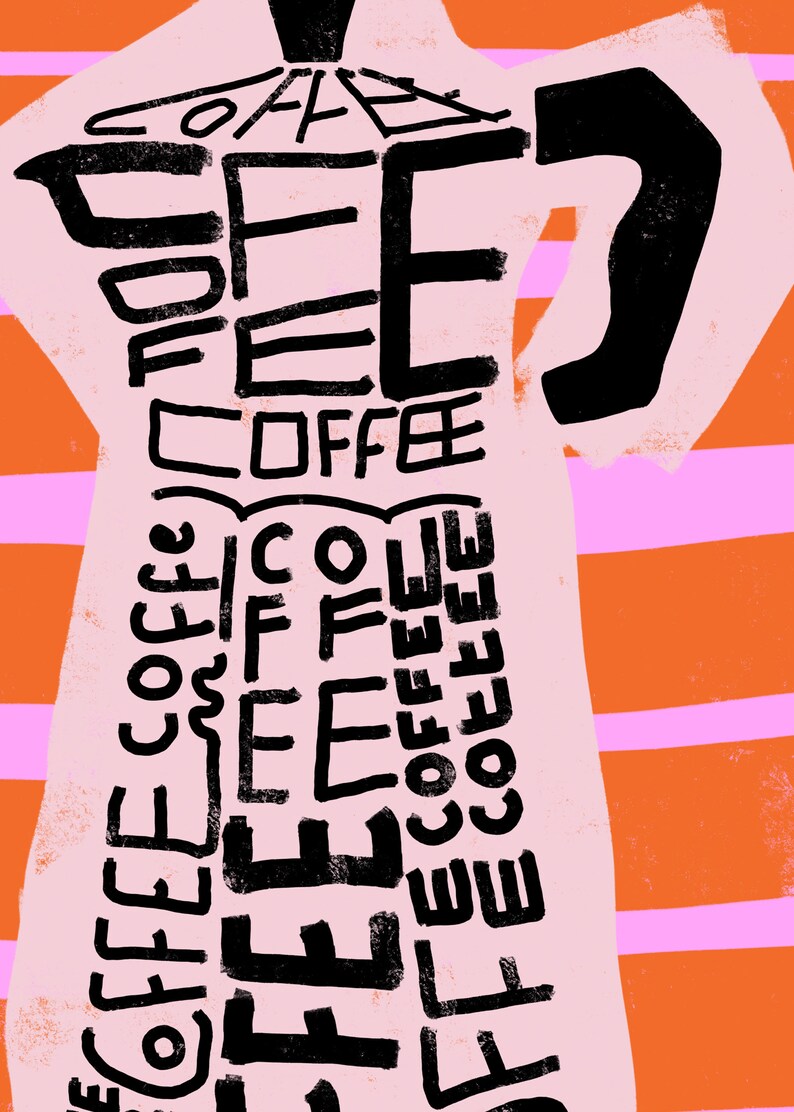 May include: A pink and orange striped background with a black silhouette of a coffee pot. The coffee pot is filled with the word "coffee" repeated in various sizes and orientations.