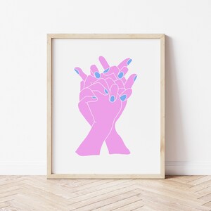 May include: Two pink hands with blue nail polish are intertwined, forming a heart shape. The hands are outlined in black and are on a white background.