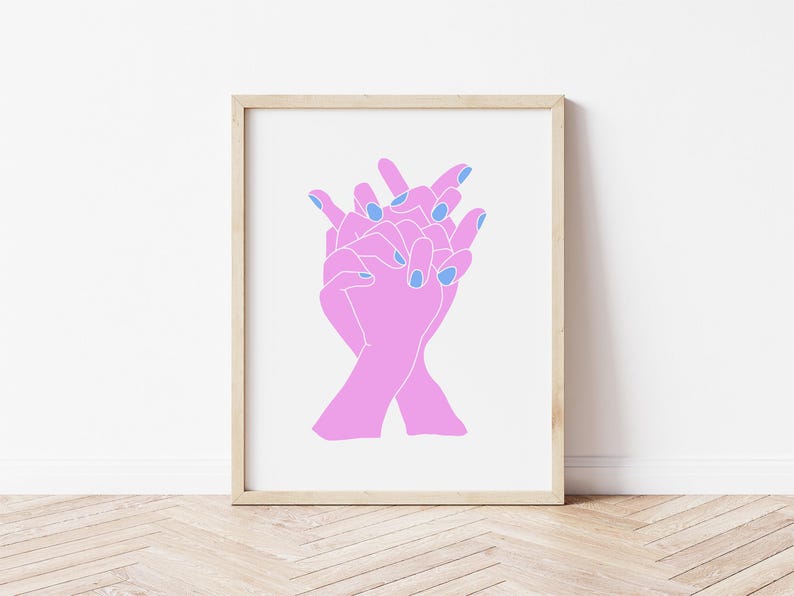 May include: Two pink hands with blue nail polish are intertwined, forming a heart shape. The hands are outlined in black and are on a white background.