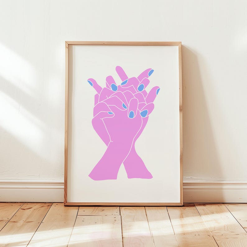 Hand Artwork, Holding Hands, Gifts for Teens, Mid Century Modern Art, Maximalist, Pink Room Decor, Eclectic Creative Poster PRINTABLE image 1