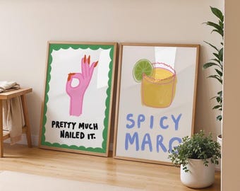 Spicy Marg Print, Margarita, Cocktail Art, Nailed it Print, Maximalist Decor, Word Art, Wall Art Set of 2, Pop Art, PRINTABLE ART