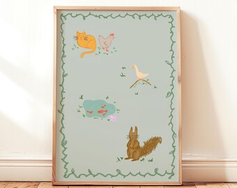 Animal Scene Kids Print, Nursery Art, Gender Neutral Playroom Decor, farmhouse decor, Vintage Ludwig Bemelman Inspired Poster PRINTABLE