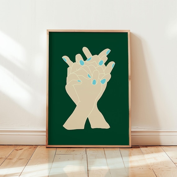 Holding Hands, Mid Century Modern Art, Emerald Green Maximalist Decor, Eclectic Creative Poster, Bedroom Wall Decor, Hand Artwork PRINTABLE