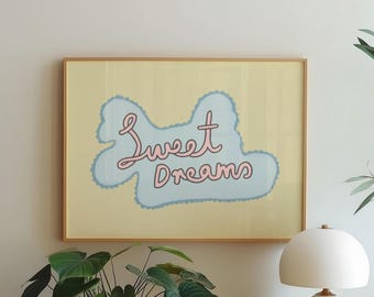 Sweet Dreams Poster - Coquette Room Decor, Retro Vibe Print, Dreamy Wall Art, Calm Bedroom Decor, Nursery Decor, Soft Yellow Art PRINTABLE