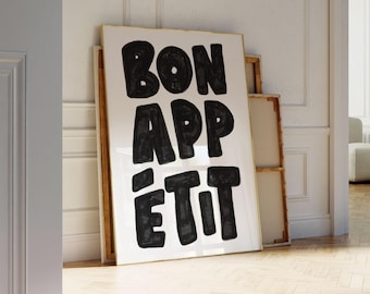 Bon Appetit Poster, Mid Century Typography Print, French Quote Poster, Black and White Kitchen Wall Art, Maximalist Kitchen Print, PRINTABLE