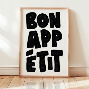 Bon Appetit Poster, Mid Century Typografie Print, Französisches Zitat Poster, Schwarz Weiß Küche Wandkunst, Maximalist Küche Poster, DRUCKBAR