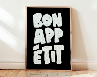 Póster "Buen provecho", impresión tipográfica de mediados de siglo, póster con cita en francés, arte mural de cocina en blanco y negro, decoración de cocina, imprimible para cocina.