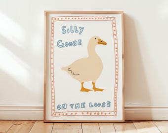 Silly Goose on the Loose Print, dekoracja ścienna w stylu retro do mieszkania, oryginalna ściana, sztuka do pokoju dziecięcego, modna sztuka ścienna, dekoracja w stylu rustykalnym