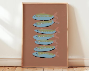 Sardines Art Print, Sardine Painting, Kitchen Wall Art, Foodie Gift Restaurant Fish Art, Apartment Decor, Kitchen Gift, PRINTABLE