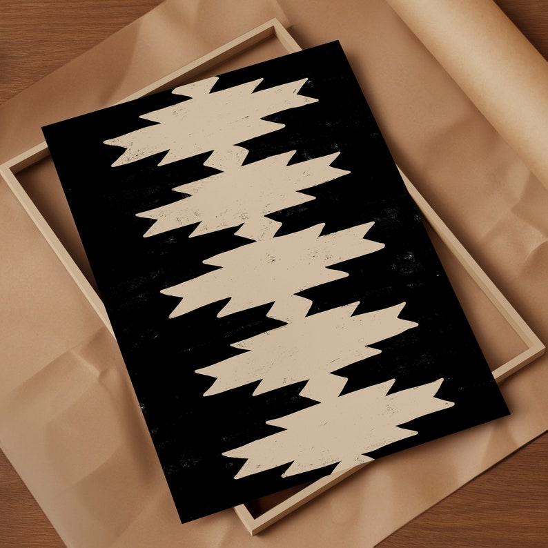 May include: Abstract geometric print with a black background and a beige pattern of jagged lines. The pattern is reminiscent of a zig-zag or chevron design.
