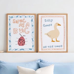 Kids Room Print Set, Silly Goose, Snug as a Bug,  Gift for New Mom, Cottagecore, Nursery Art, Playroom Decor, Quirky Print DIGITAL DOWNLOAD