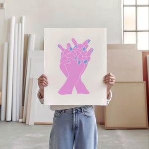 May include: A pink line drawing of two hands clasped together with blue nail polish on the fingers.