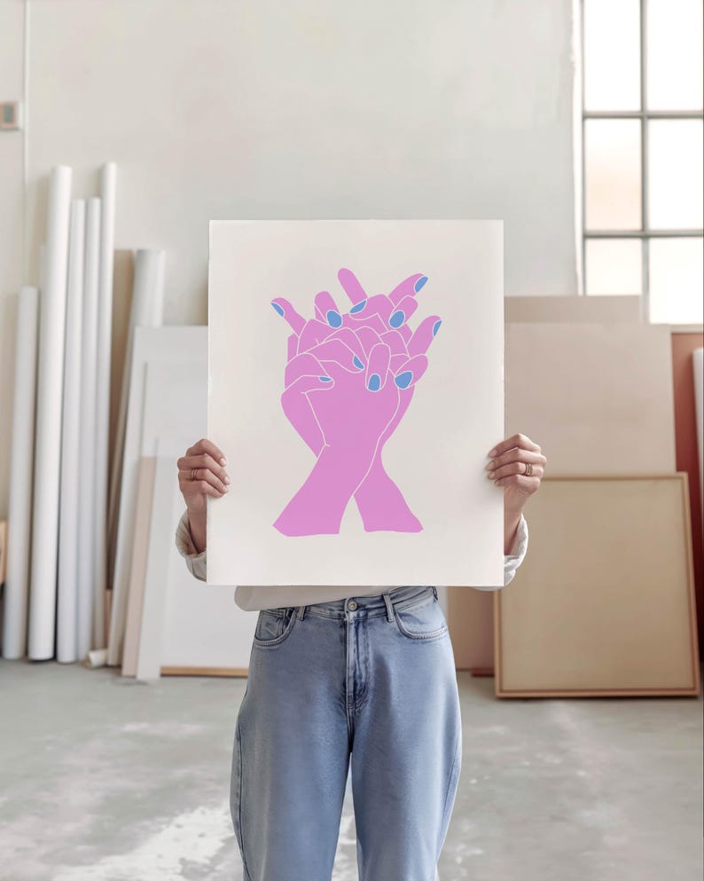 May include: A pink line drawing of two hands clasped together with blue nail polish on the fingers.