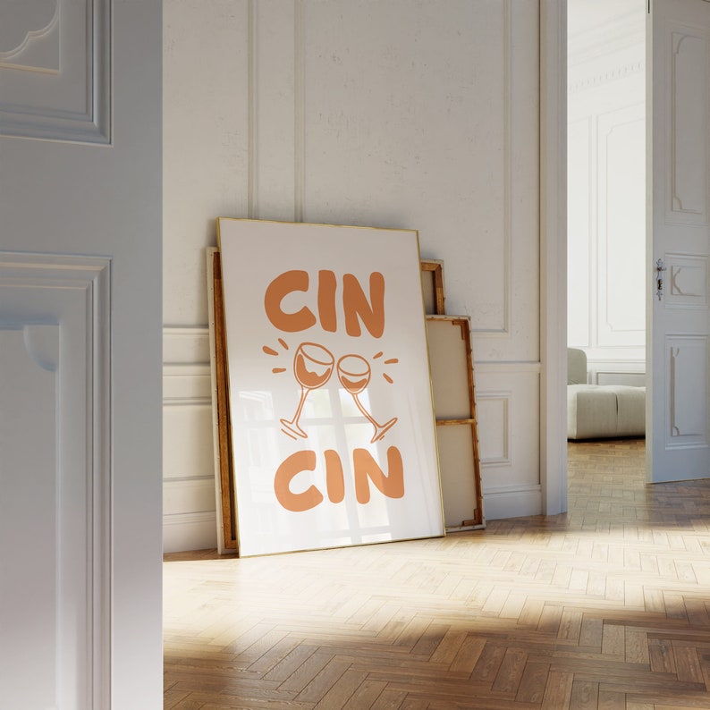 Affiche Cin Cin orange, Barcart, décoration de bar, décoration d'appartement, impression d'art de bar, impressions numériques rétro, cadeau pour la maison, art mural à imprimer image 1