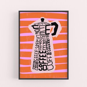 May include: A pink and orange striped background with a black silhouette of a coffee pot. The coffee pot is made up of the word "coffee" repeated many times.