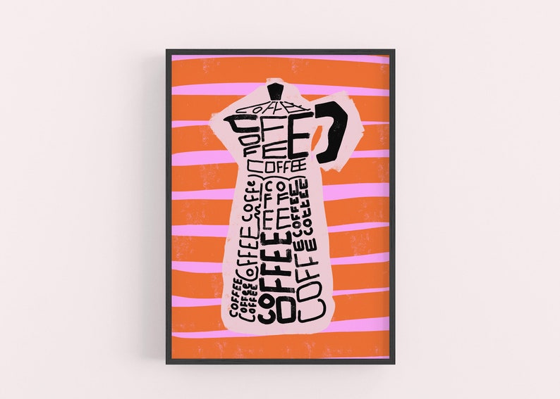 May include: A pink and orange striped background with a black silhouette of a coffee pot. The coffee pot is made up of the word "coffee" repeated many times.