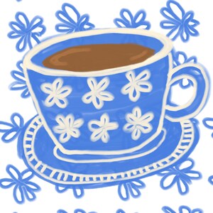 May include: A blue teacup and saucer with a white floral pattern. The teacup is filled with brown tea. The background is white with blue flowers.