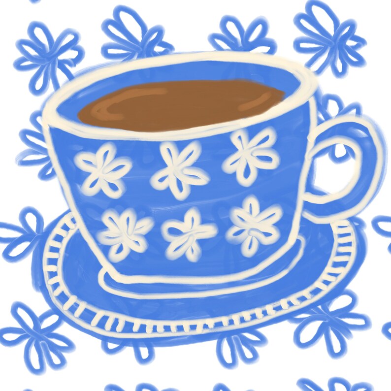May include: A blue teacup and saucer with a white floral pattern. The teacup is filled with brown tea. The background is white with blue flowers.