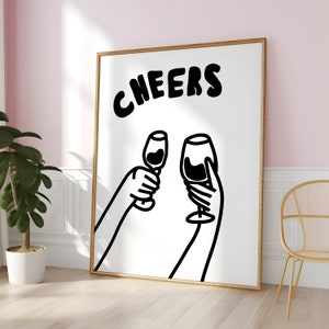 Cheers Print, Czarno-białe dzieło sztuki, Cheers Wall Art, Akcesoria do wózków barowych, Prezent do domu, Wydruk do kuchni, Wystrój apartamentu, POBIERANIE CYFROWE