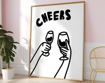 Impresión de Cheers, obras de arte en blanco y negro, arte de pared de Cheers, accesorios para carritos de bar, regalo para el hogar, impresión de cocina, decoración de apartamentos, DESCARGA DIGITAL